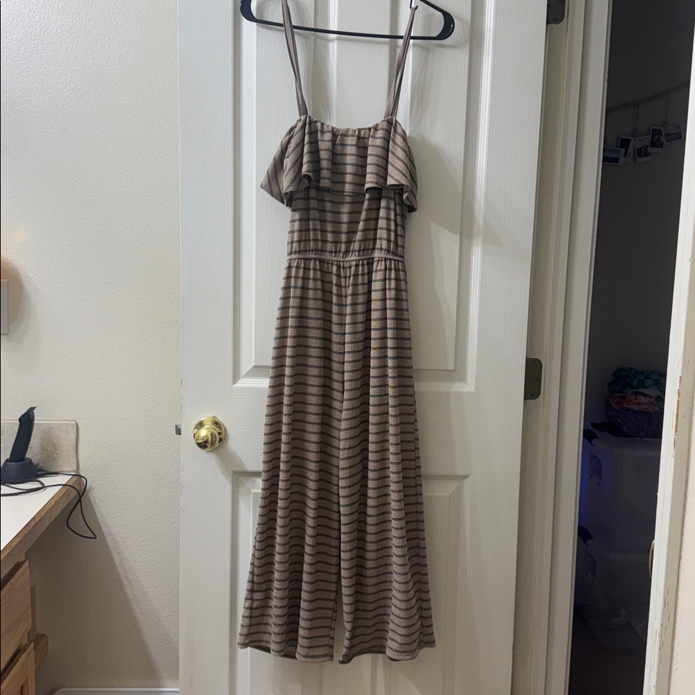 Striped Off-Shoulder Jumpsuit in Taupe and Dark Brown